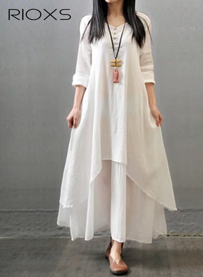 RIOXS Women Long Sleeve Irregular Flowy Hem Long Dresses, Breathable Cotton Plus Size Maxi Dress for Ladies, Casual Loose A-line Round Neck Irregular Long Dresses for Work, Vacation, Beach, Daily Wear, Wedding Guest, Dating and More, White - Image 1