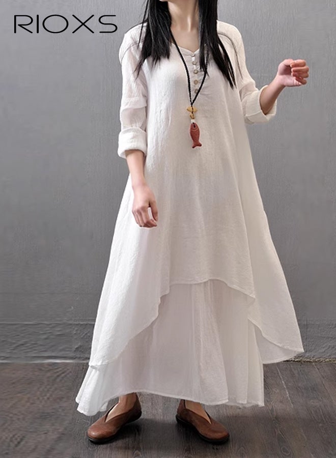 RIOXS Women Long Sleeve Irregular Flowy Hem Long Dresses, Breathable Cotton Plus Size Maxi Dress for Ladies, Casual Loose A-line Round Neck Irregular Long Dresses for Work, Vacation, Beach, Daily Wear, Wedding Guest, Dating and More, White - Image 2