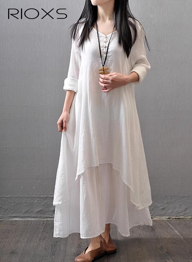 RIOXS Women Long Sleeve Irregular Flowy Hem Long Dresses, Breathable Cotton Plus Size Maxi Dress for Ladies, Casual Loose A-line Round Neck Irregular Long Dresses for Work, Vacation, Beach, Daily Wear, Wedding Guest, Dating and More, White - Image 3