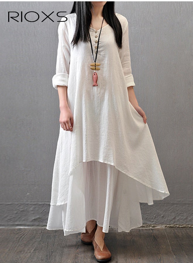 RIOXS Women Long Sleeve Irregular Flowy Hem Long Dresses, Breathable Cotton Plus Size Maxi Dress for Ladies, Casual Loose A-line Round Neck Irregular Long Dresses for Work, Vacation, Beach, Daily Wear, Wedding Guest, Dating and More, White - Image 4