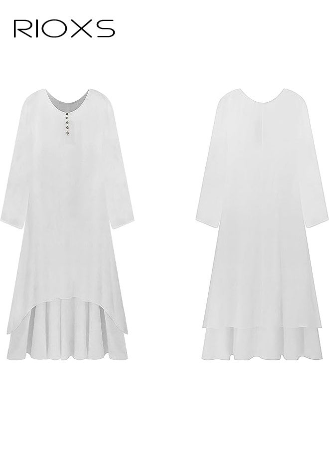 RIOXS Women Long Sleeve Irregular Flowy Hem Long Dresses, Breathable Cotton Plus Size Maxi Dress for Ladies, Casual Loose A-line Round Neck Irregular Long Dresses for Work, Vacation, Beach, Daily Wear, Wedding Guest, Dating and More, White - Image 5