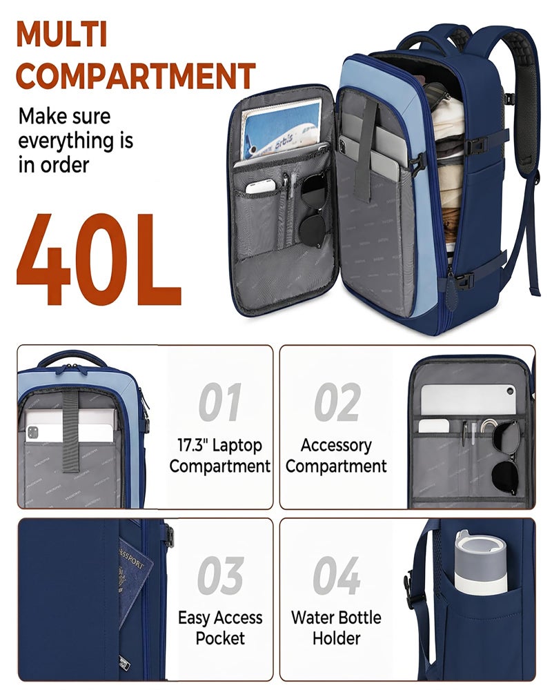 Vancropak 40L Carry On Travel Backpack, Flight Approved Expandable Weekender Bag with 3 Packing Cubes, Suitcase Backpack Fits 17" Laptop, Water Resistant Anti Theft Daypack Bag for Men Women, Blue - Image 2