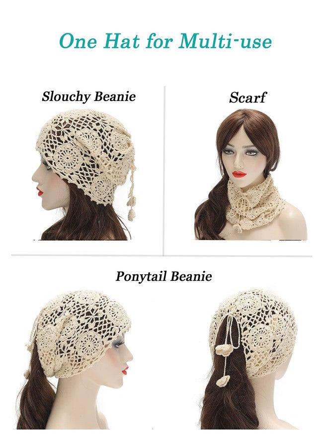 ZLYC قبعة صوفية نسائية من ZLYC مصنوعة يدويًا من القطن والكروشيه، بتصميم فضفاض، مزينة بنقوش زهور صيفية (لون بيج مناسب لذيل الحصان) - Image 5