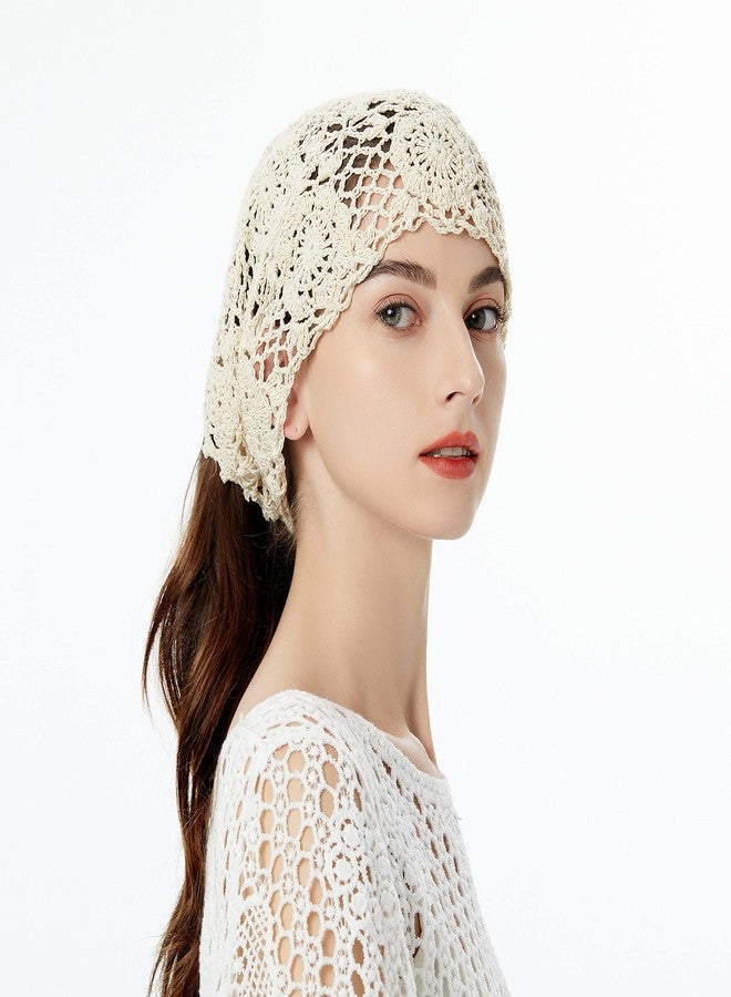 ZLYC قبعة صوفية نسائية من ZLYC مصنوعة يدويًا من القطن والكروشيه، بتصميم فضفاض، مزينة بنقوش زهور صيفية (لون بيج مناسب لذيل الحصان) - Image 3