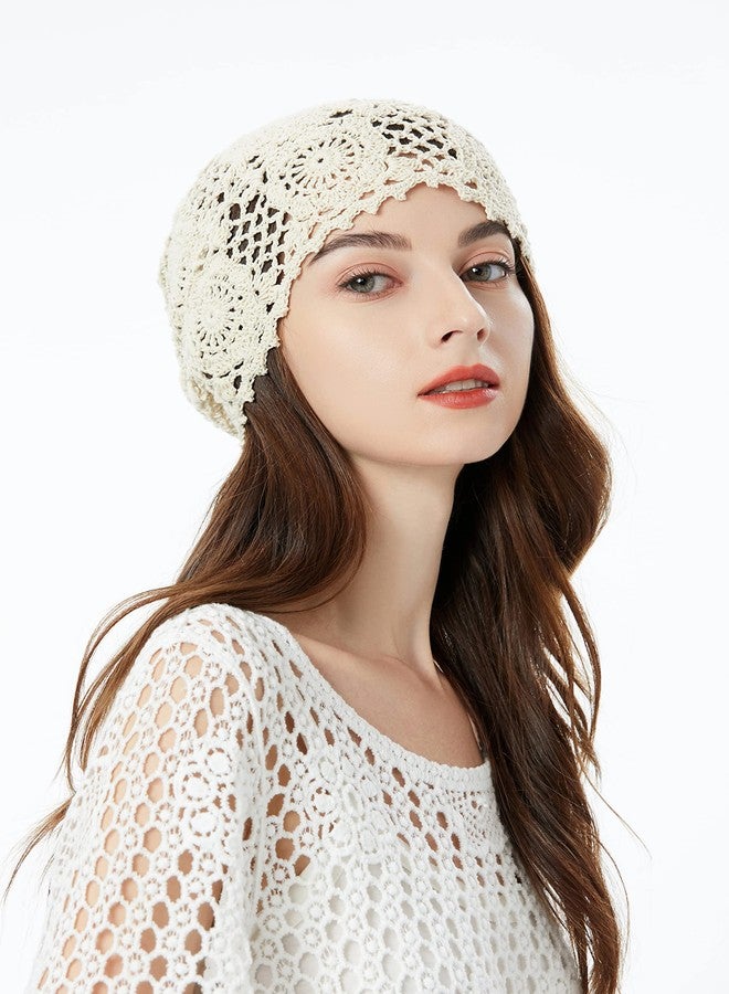 ZLYC قبعة صوفية نسائية من ZLYC مصنوعة يدويًا من القطن والكروشيه، بتصميم فضفاض، مزينة بنقوش زهور صيفية (لون بيج مناسب لذيل الحصان) - Image 2