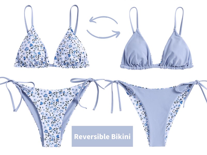 ZAFUL Women's Triangle Bikini Floral String Bikini Set Two Piece Swimsuit Bathing Suits (2-Blue Flower, Medium) - Image 3