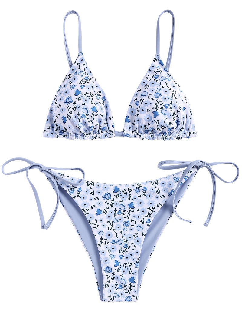 ZAFUL Women's Triangle Bikini Floral String Bikini Set Two Piece Swimsuit Bathing Suits (2-Blue Flower, Medium) - Image 1