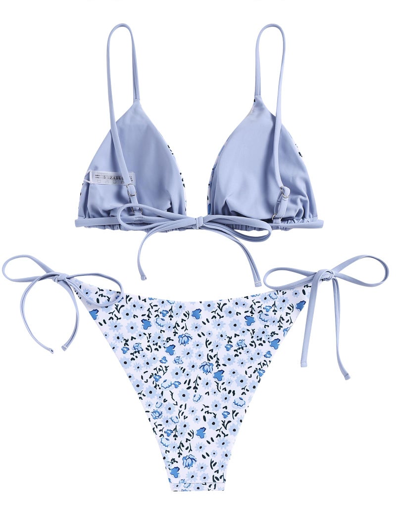 ZAFUL Women's Triangle Bikini Floral String Bikini Set Two Piece Swimsuit Bathing Suits (2-Blue Flower, Medium) - Image 4