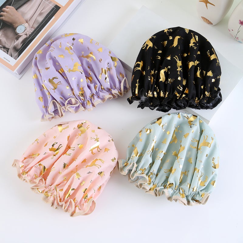 Double-Layer Shower Cap Waterproof Hair Cap Bronzing Printed Polyester Cotton Peva Shower Cap Bathing Women'S Direct Supply - Image 4