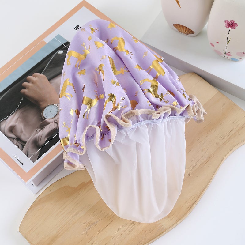 Double-Layer Shower Cap Waterproof Hair Cap Bronzing Printed Polyester Cotton Peva Shower Cap Bathing Women'S Direct Supply - Image 5