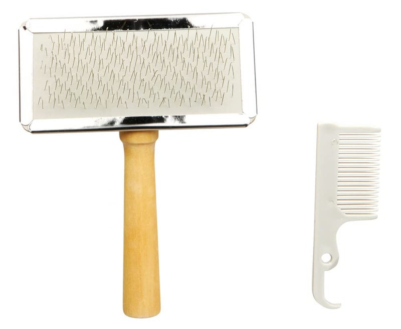 Trixie Slicker Brush with Brush Cleaner - Gentle Detangling, Removes Loose Hair, Wooden Handle - Ideal for Dogs & Cats - 13 x 9 cm (Multicolor, Get Any 1 Color) - Image 2