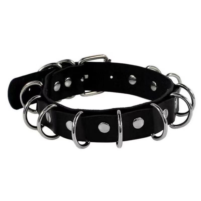 Punk Style Double Layer Leather Necklace With Multiple Rings Exaggerated Gold Metal Neck Ring Direct Manufacturer Sales Black 