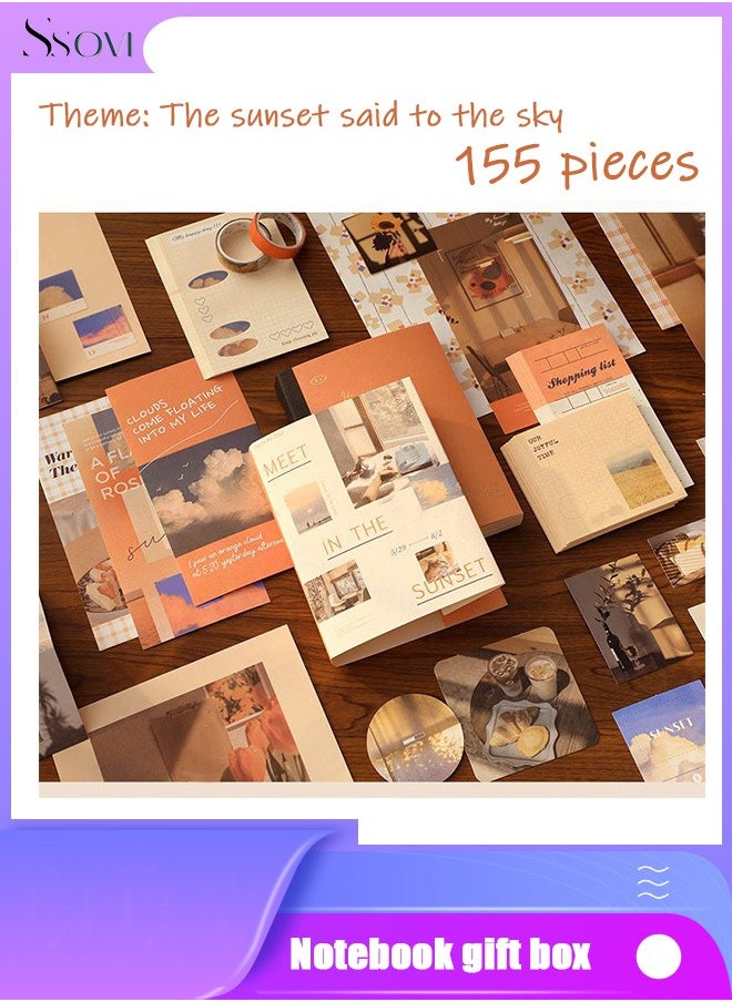 Ssovi 155-piece Gift Box A6 Notebook Poster cover Notepad Background Paper Daily Sticker PET Sticker Paper Photo Frame Card Heartwarming Gift（Orange）  - Image 1