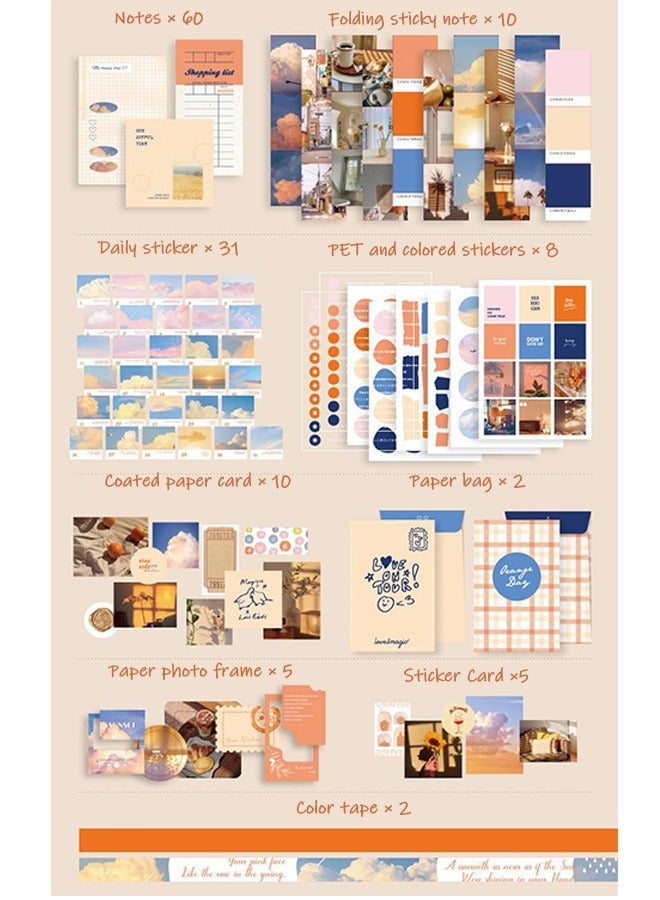 Ssovi 155-piece Gift Box A6 Notebook Poster cover Notepad Background Paper Daily Sticker PET Sticker Paper Photo Frame Card Heartwarming Gift（Orange） - Image 4