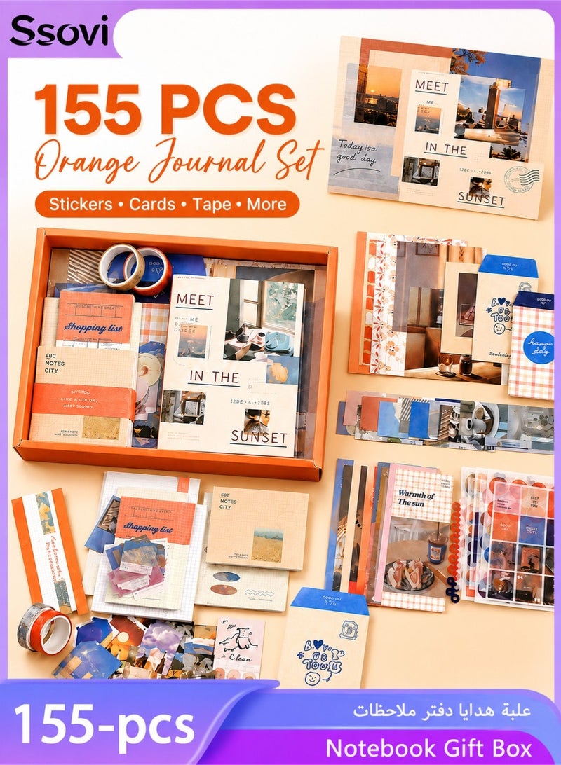 Ssovi 155-piece Gift Box A6 Notebook Poster cover Notepad Background Paper Daily Sticker PET Sticker Paper Photo Frame Card Heartwarming Gift（Orange） - Image 1
