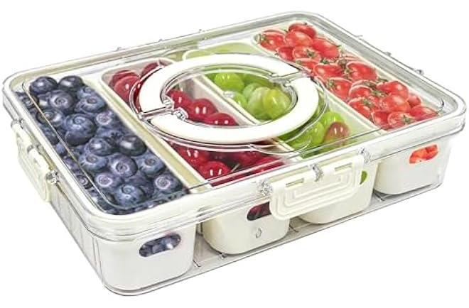 HOOKOR Refrigerator Organizer Box, Food Storage Container Fruit Storage Container for Fridge with 4 Drain Basket in One Container, Vegetable Strainers Container with Lid with Handle (4 compartments) - Image 1