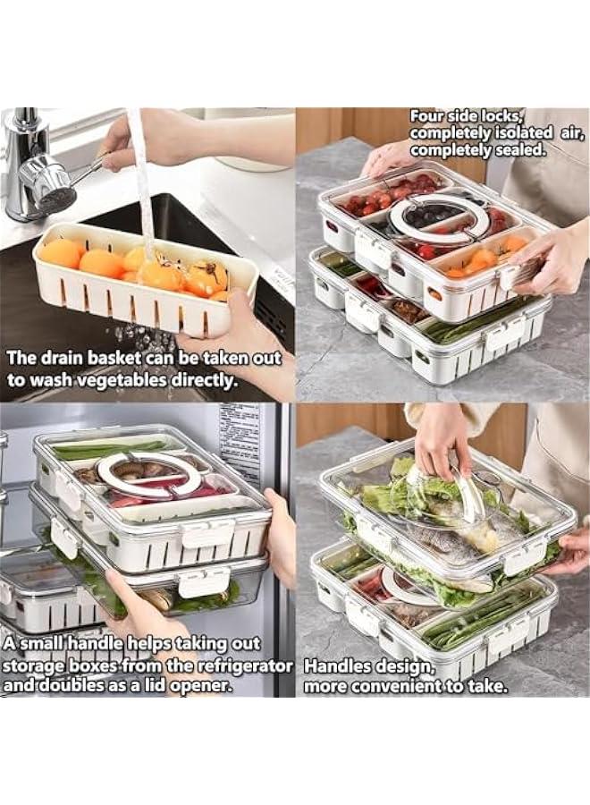 HOOKOR Refrigerator Organizer Box, Food Storage Container Fruit Storage Container for Fridge with 4 Drain Basket in One Container, Vegetable Strainers Container with Lid with Handle (4 compartments) - Image 3