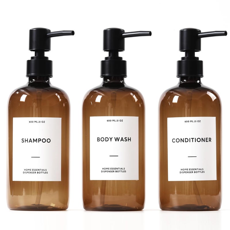 HOMCDALY Shampoo and Conditioner Dispenser 21oz 3Pack Refillable Shampoo and Conditioner Bottles Shower Soap Bottles with Pump and Labels Bathroom Shower Dispenser21ozBrown - Image 2