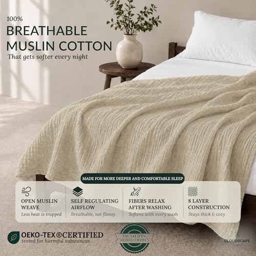 CloudScape Linen CLOUDSCAPE 8 Layer Muslin Blanket for Adults 100 Cotton Gauze Muslin Blanket Twin Size 68 x 92 Fits Twin XL Bed All Season Soft Bedding Lightweight Breathable Summer Blankets Fog - Image 3