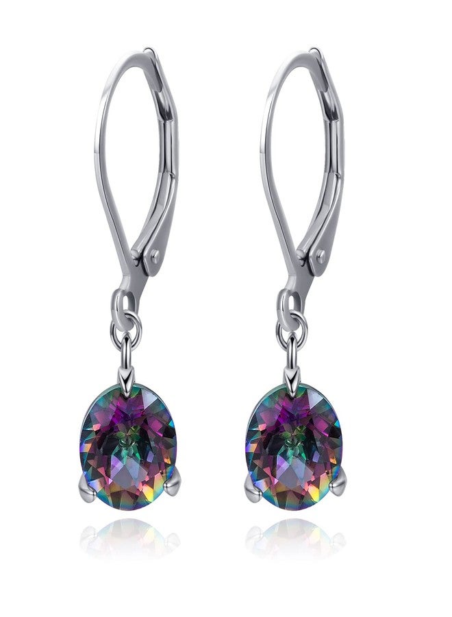 VOLUKA 8mm Round Rainbow CZ Leverback Earrings for Women | 18K White Gold Plated Dangle Earrings | Hypoallergenic Jewelry Gifts for Her - Image 1