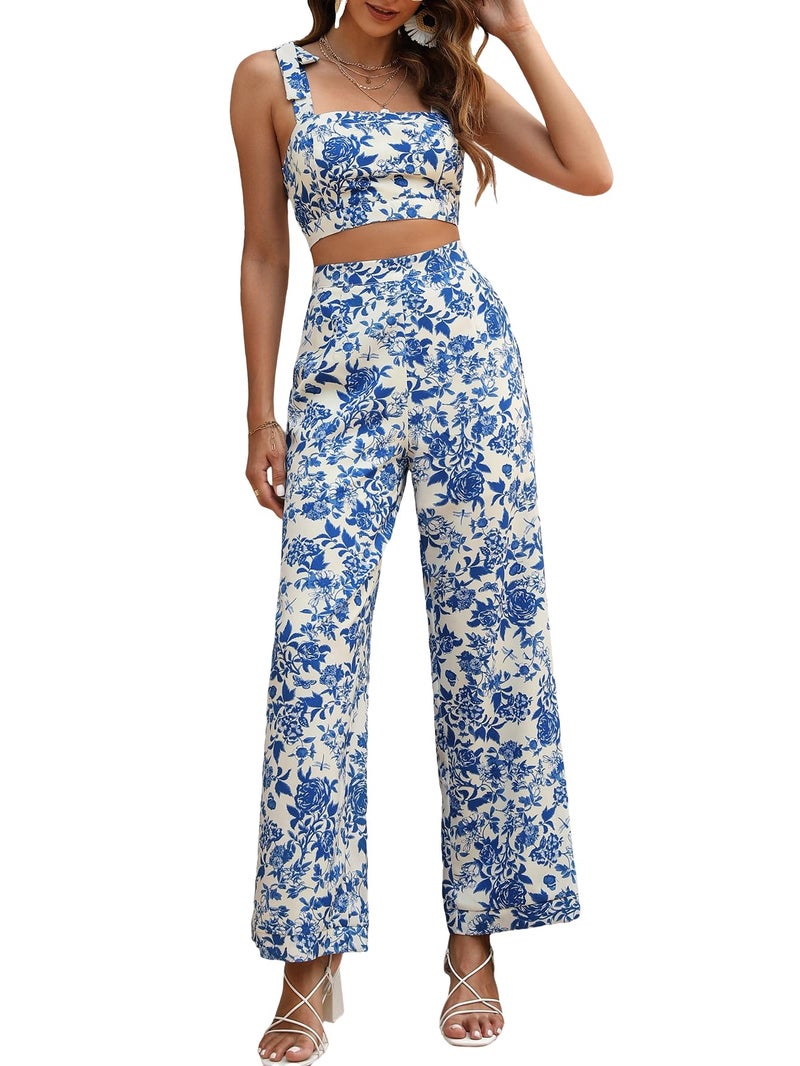 Floerns Women's 2 Piece Summer Boho Floral Print Knot Shoulder Zip Back Crop Cami Top and Maxi Pants Set Blue White Flower S - Image 1
