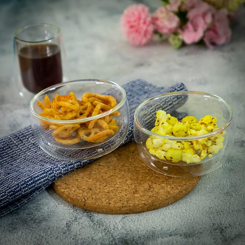 EZ Life Borosilicate Glass Groovy Soup Bowls, Insulated Double Wall Glass Transparent - Round Dessert Serving Bowl - 300 ml, Pack of 2 - Image 1