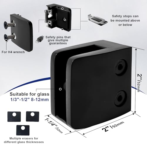 LIUCHONGYANG99 Glass Clamp - 4PCS,for 1/3" to 1/2" Tempered Glass,Stainless Steel 304 Flat Back Square Casting- Black for Indoor/Outdoor Balustrade, Stair Handrail (LIUCHONGYANG99) - Image 2