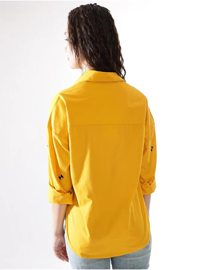 HIGH STAR Oversized Yellow Poplin Embroidered Long Sleeves Woven Button Down with Button Closure Regular Length Spread Collar Shirt Collar - Ideal for Casual - A Must-Have for Your Wardrobe!