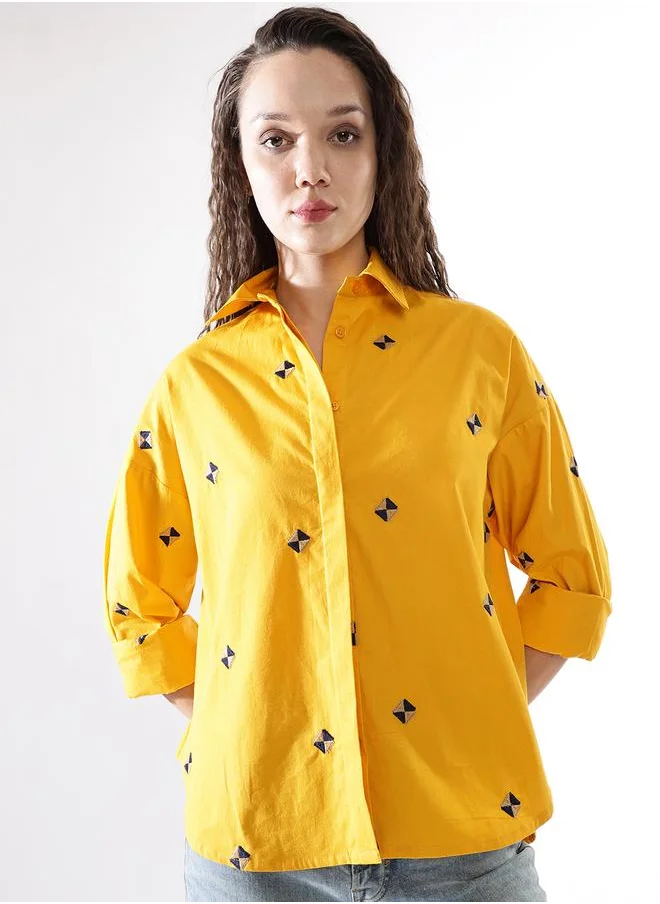 HIGH STAR Oversized Yellow Poplin Embroidered Long Sleeves Woven Button Down with Button Closure Regular Length Spread Collar Shirt Collar - Ideal for Casual - A Must-Have for Your Wardrobe!