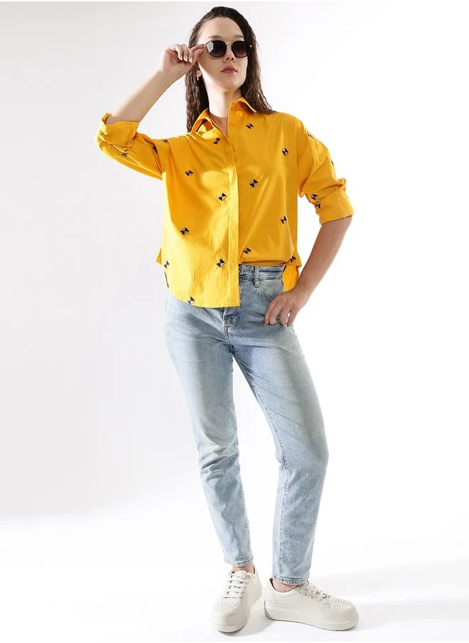 HIGH STAR Oversized Yellow Poplin Embroidered Long Sleeves Woven Button Down with Button Closure Regular Length Spread Collar Shirt Collar - Ideal for Casual - A Must-Have for Your Wardrobe!