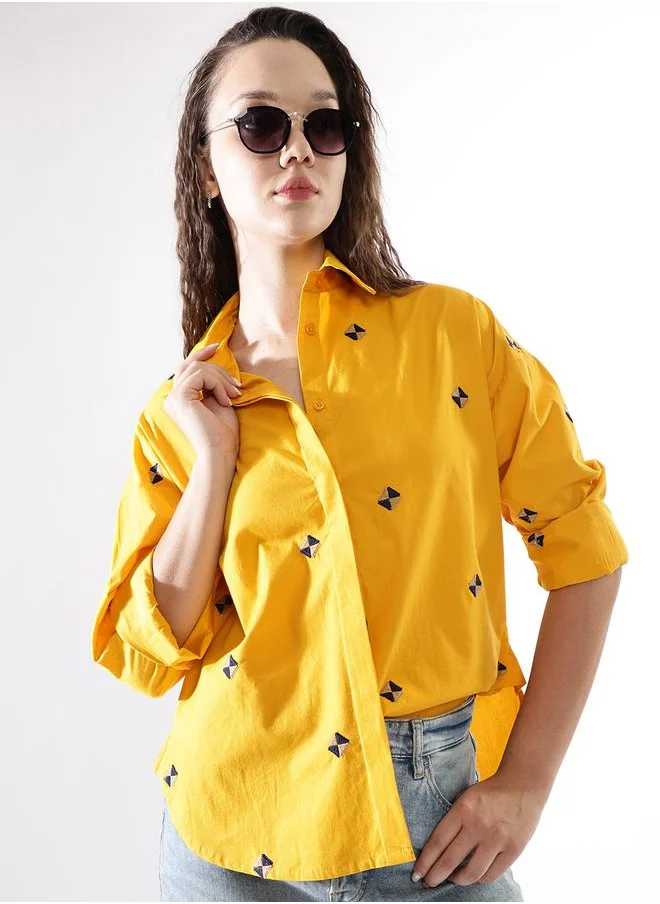 HIGH STAR Oversized Yellow Poplin Embroidered Long Sleeves Woven Button Down with Button Closure Regular Length Spread Collar Shirt Collar - Ideal for Casual - A Must-Have for Your Wardrobe!