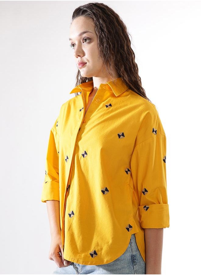 HIGH STAR Women Cotton Embroidered Oversized Casual Shirt  - Image 3