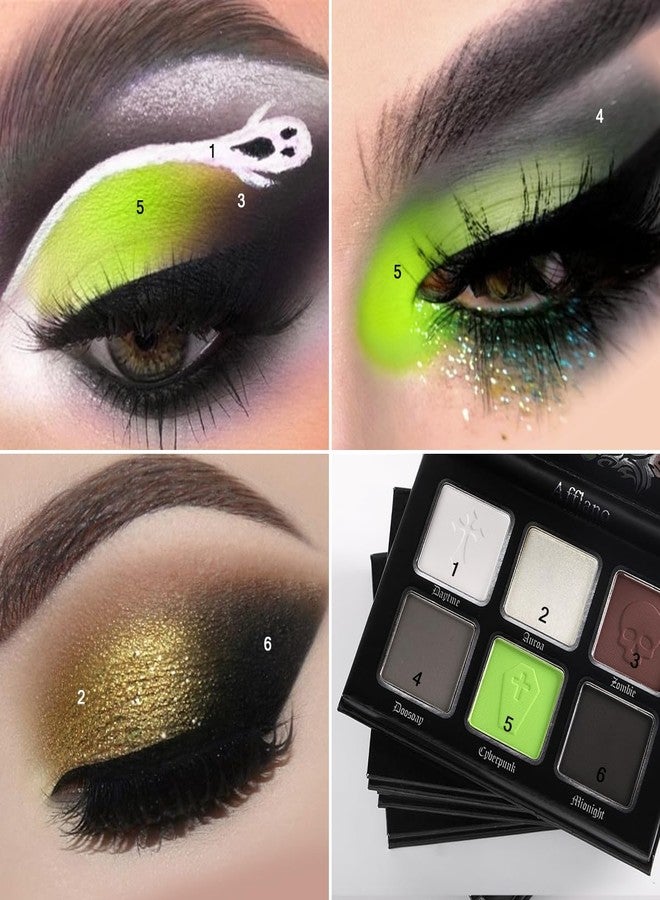 La Catrina Green Brown Eyeshadow Palette, Highly Pigmented Bright Lime Green Black White Grey Goth Makeup Palette, Blendable Matte Shimmer Smoky Grunge Eyeshadow Pallet for Halloween Zombie Witch Monster, Vegan - Image 3