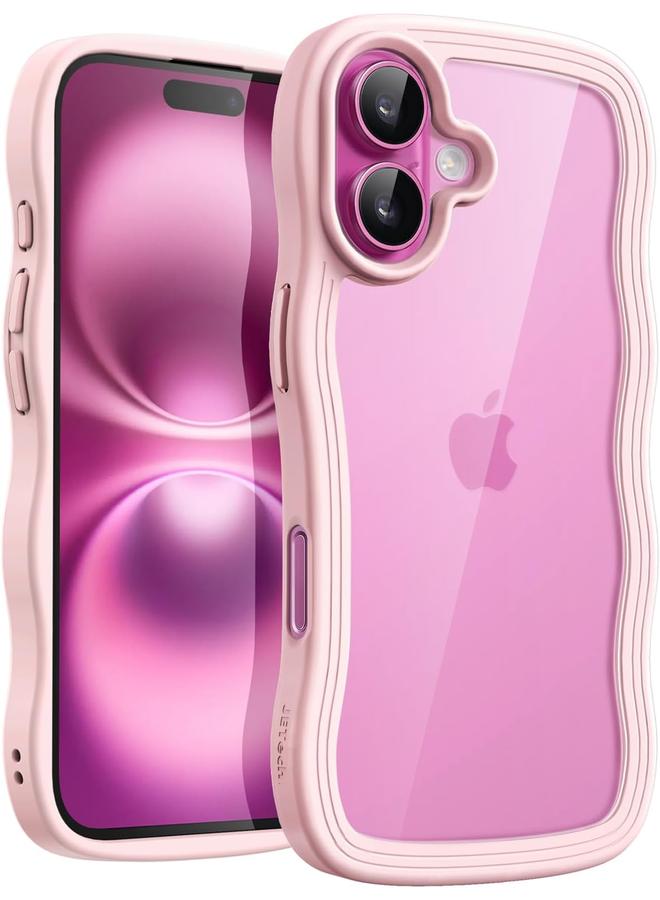 Jetech Wavy Case For Iphone 16 6.1 Inch Cute Wave Frame Curly Shape Shockproof Phone Cover For Women And Girls Clear Hard Pc Back Light Pink - Image 1