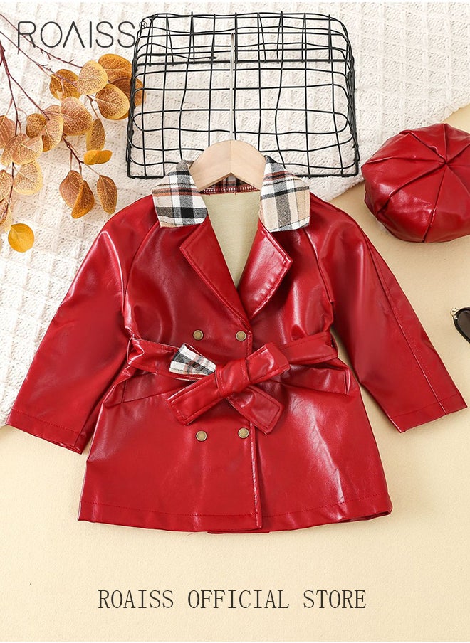 New Arrival Girls' Plaid Stitching Pu Coat Double Breasted Belt Detachable European and American Girls Leather Coat with Hat - pzsku/Z37F8EF900D9A9725B74EZ/45/_/1703569451/373b6f12-2e59-4228-bf0f-a1581b2afa55