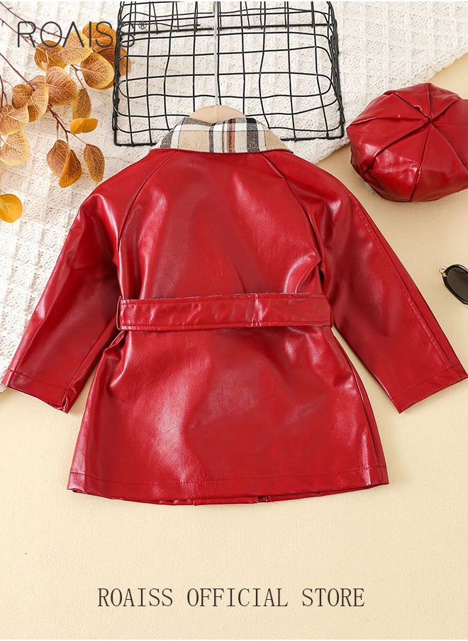 New Arrival Girls' Plaid Stitching Pu Coat Double Breasted Belt Detachable European and American Girls Leather Coat with Hat - pzsku/Z37F8EF900D9A9725B74EZ/45/_/1703569453/eb379a59-1c77-46c2-9a5b-344c5645409d