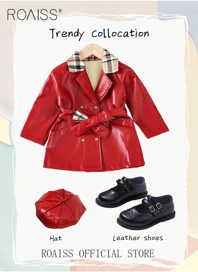 New Arrival Girls' Plaid Stitching Pu Coat Double Breasted Belt Detachable European and American Girls Leather Coat with Hat - pzsku/Z37F8EF900D9A9725B74EZ/45/_/1721034536/dceee85a-dfc6-45af-903b-4bdb6af6c248