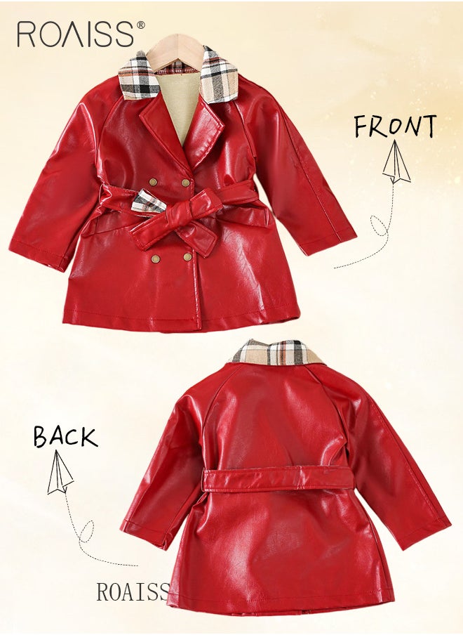 New Arrival Girls' Plaid Stitching Pu Coat Double Breasted Belt Detachable European and American Girls Leather Coat with Hat - pzsku/Z37F8EF900D9A9725B74EZ/45/_/1721035166/72783f98-bd3e-4dcc-9ced-b63a50f95735