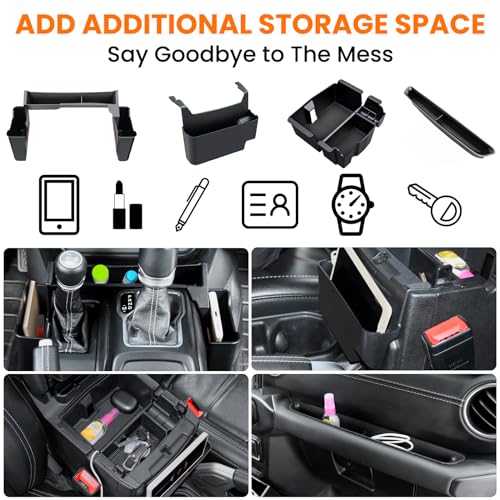 DIAMOOKY دياموكي 4 قطع منظم مركز التحكم المحسن لجيب رانجلر JL JLU 4xe 2018-2025 وغلاديator JT 2020 2021 2022-2025 ملحقات صندوق تخزين ذراع الراحة الجانبي (غير مناسب لـ JK/JKU) - Image 3