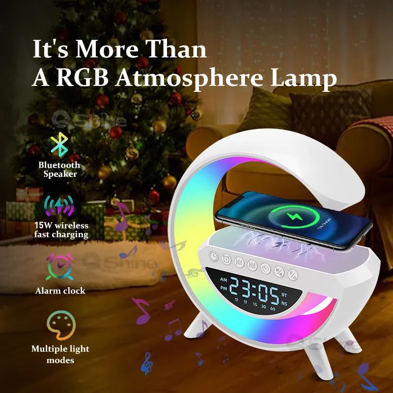 AASHRO MALL AASHRO MALL Atmosphere Night Light Wireless Phone Charger Bluetooth Speaker Alarm Clock All In One Led Table Lamp For Bedroom Living Room Office Ideal Gift Choice 15 Watts  - Image 3