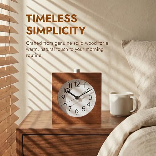 Lancoon Wooden Analog Alarm Clock Wood Body NonTicking Quiet Silent with Night Light Snooze Function Battery Operated for Tabletop Bedroom Bedside Heavy Sleepers Brown - Image 3