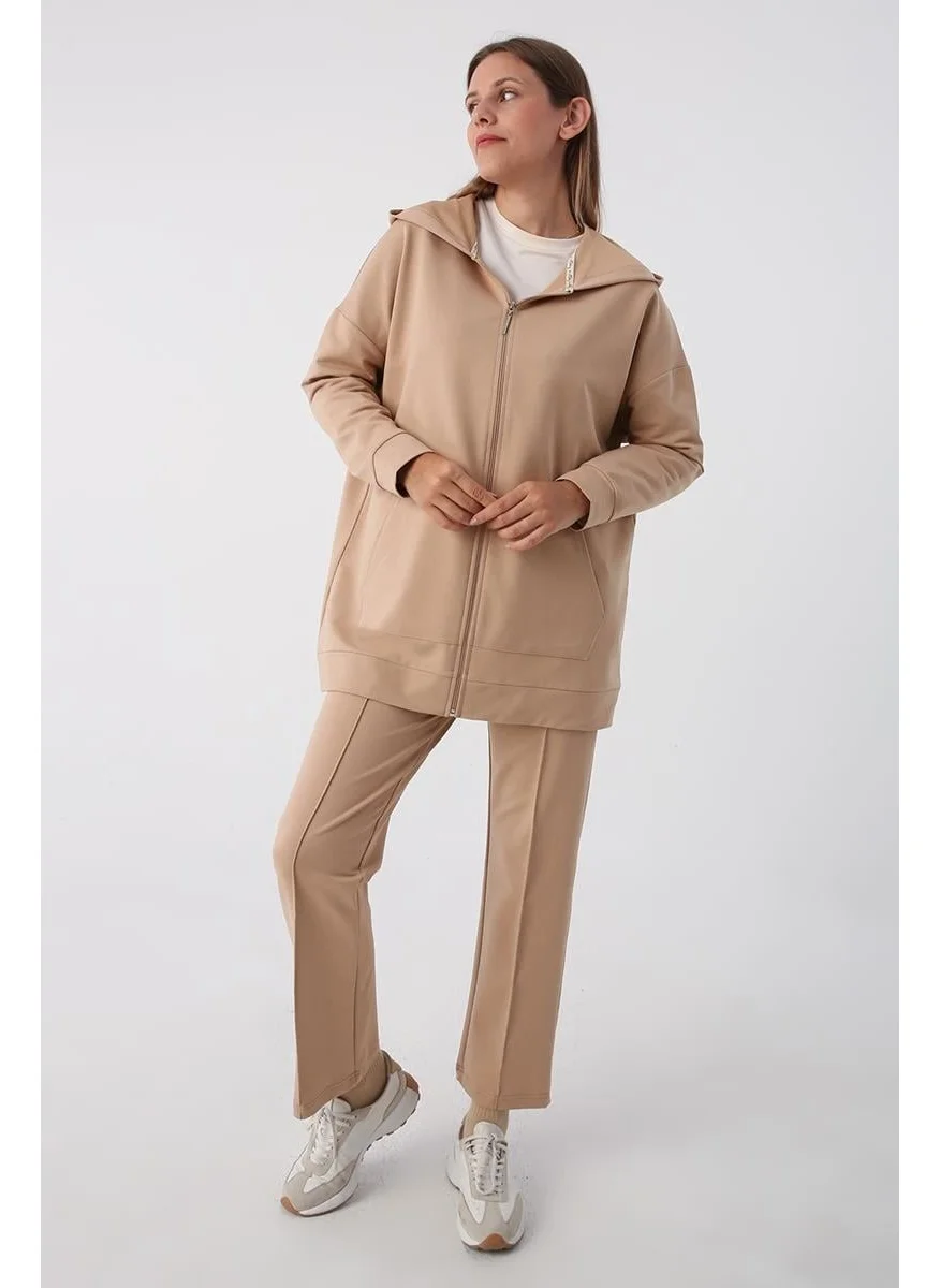 Allday Beige-Zipped Sweat Cardigan