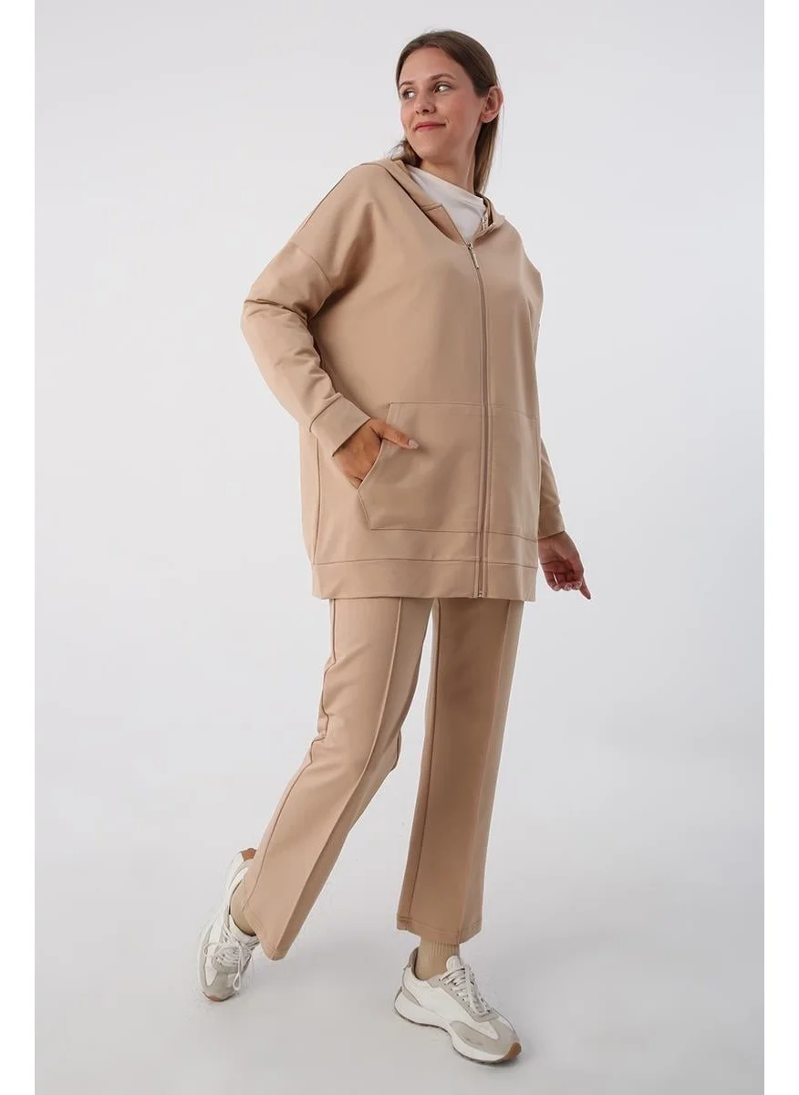 Allday Beige-Zipped Sweat Cardigan