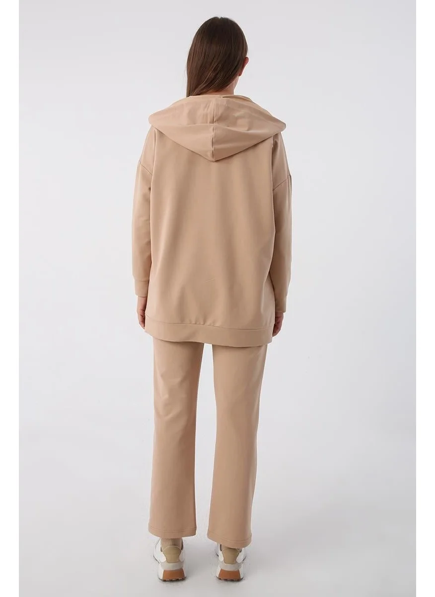 Allday Beige-Zipped Sweat Cardigan