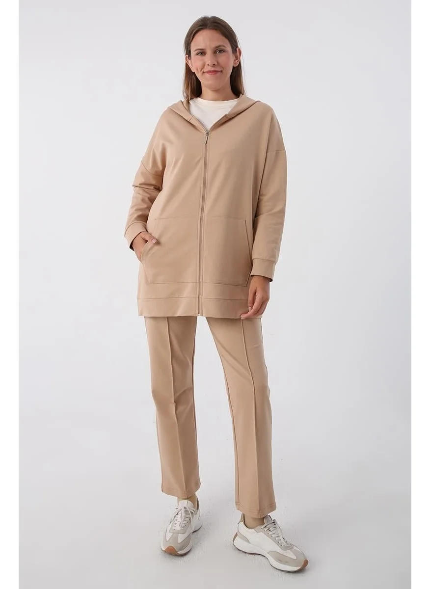 Allday Beige-Zipped Sweat Cardigan