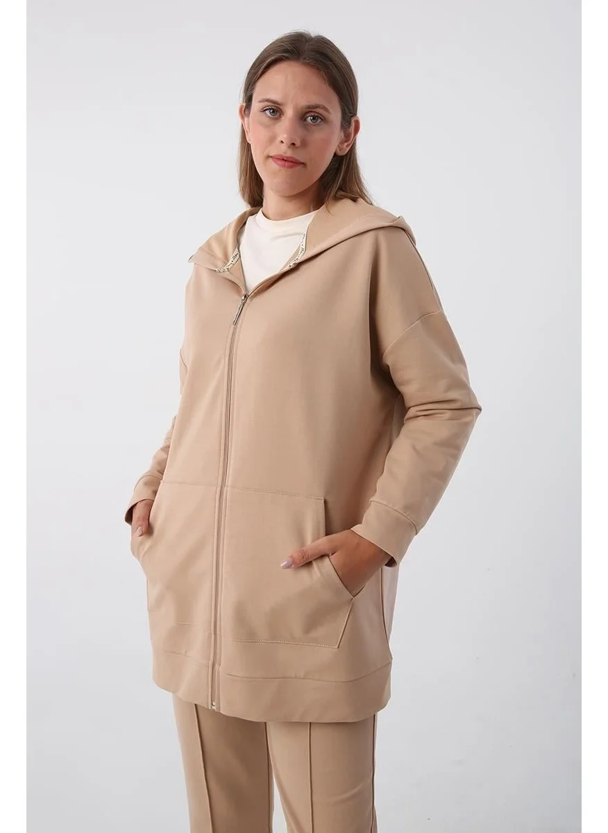 Allday Beige-Zipped Sweat Cardigan