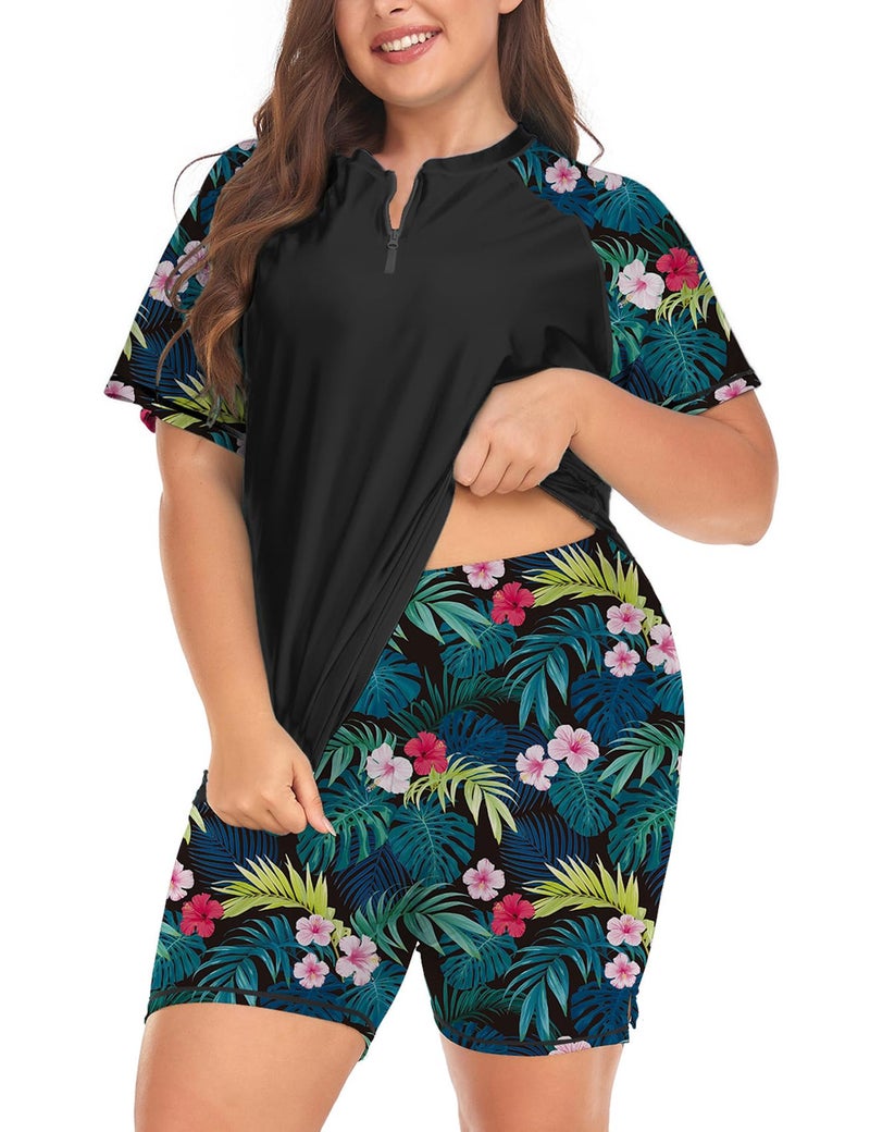 بدلة سباحة نسائية بلس سايز 2 قطعة مع قميص واقي من الشمس بأكمام قصيرة وسروال داخلي بوي شورت UPF 50 لركوب الأمواج 1X 2X 3X 4X 5X 6X