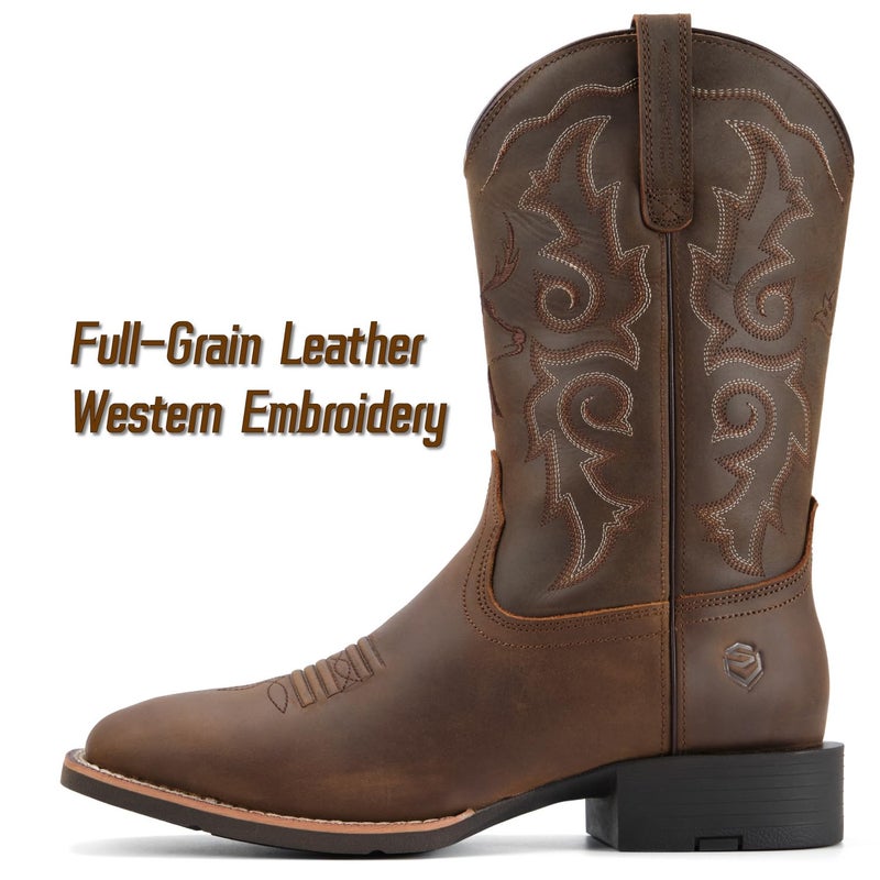 SUREWAY Cowboy Boots For Men - Square Toe Western Boot,Oil/Slip Resistant,Durable Fashionable Classic Pull on 10 Inch Wellington Boots - Leather - Image 3