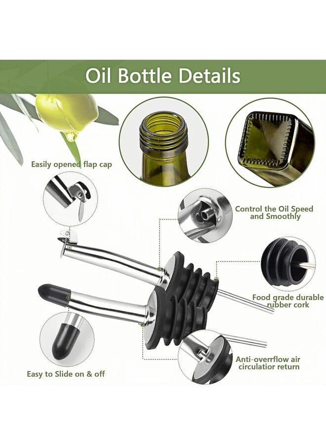 Olive Oil Dispenser Bottle, 2 Pcs Green Glass Vinegar Dispenser Set with 2 Stainless Steel Pourers, 4 Labels,1 Brush and 1 Funnel Oil Bottles for Kitchen (500ml) - Image 2