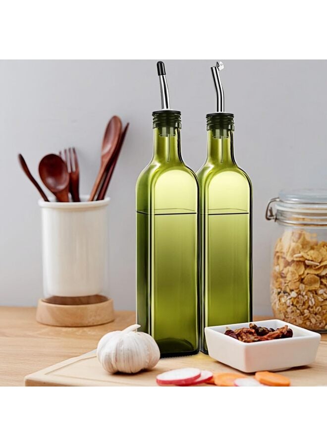 Olive Oil Dispenser Bottle, 2 Pcs Green Glass Vinegar Dispenser Set with 2 Stainless Steel Pourers, 4 Labels,1 Brush and 1 Funnel Oil Bottles for Kitchen (500ml) - Image 4